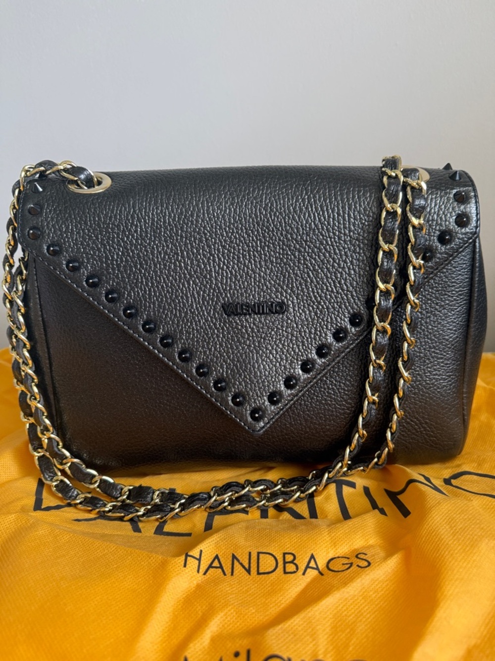 Valentino Black Pebbled Leather Stud-Trim Shoulder Bag with Gold Chain - Picture 2 of 13